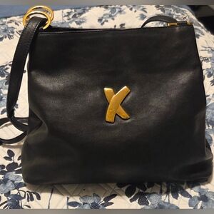 Paloma Picasso Black Leather Crossbody Bag Gold Logo Vintage